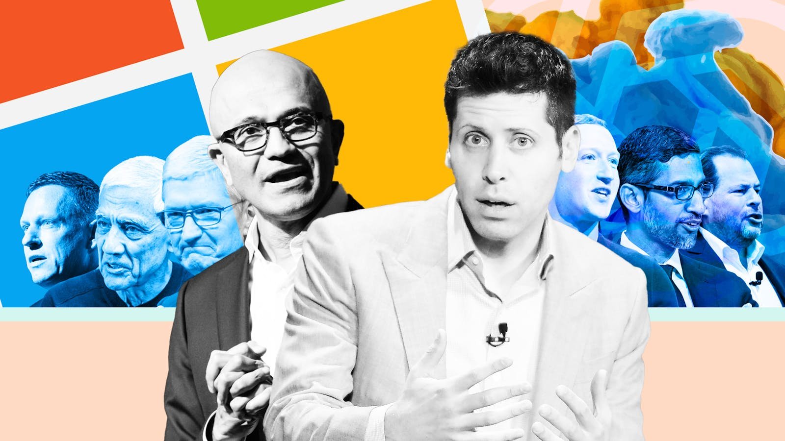 From left: Peter Thiel, Vinod Khosla, Tim Cook, Satya Nadella, Sam Altman, Mark Zuckerberg, Sundar Pichai and Marc Benioff. Photos by Bloomberg, Getty. Art by Mike Sullivan.