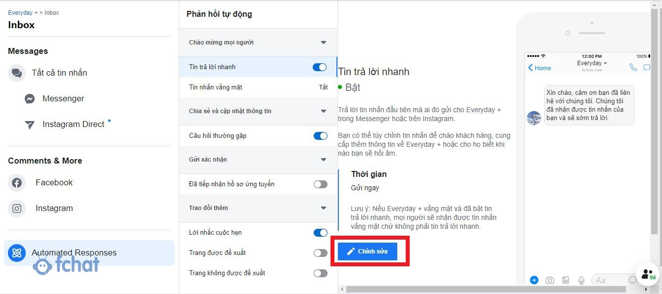 cài đặt trả lời tin nhắn nhanh trên facebook