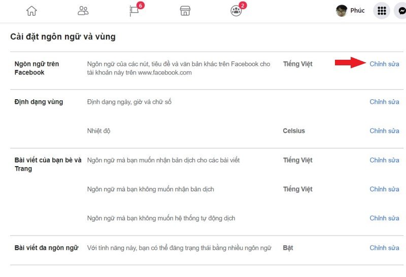 Chỉnh sửa ngôn ngữ trên Facebook