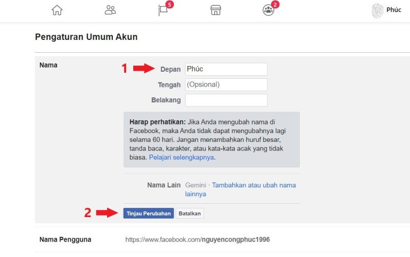 Đổi tên Facebook một chữ