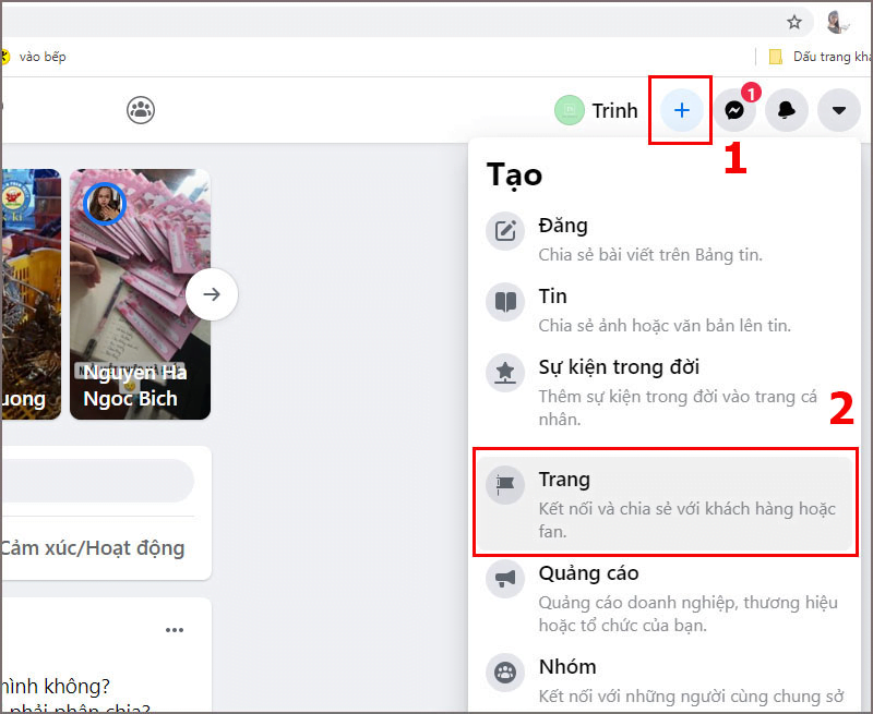 Nhấn vào nút Tạo và chọn mục Trang
