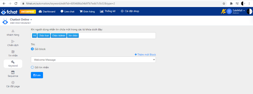 Kích hoạt kịch bản chatbot bằng từ khóa tin nhắn trên Fchat