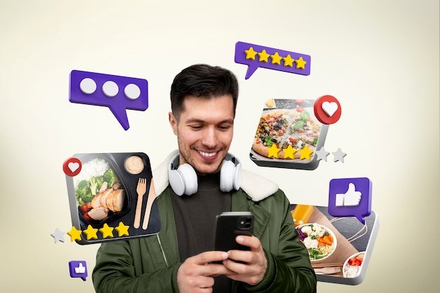 Free photo medium shot smiley man holding smartphone