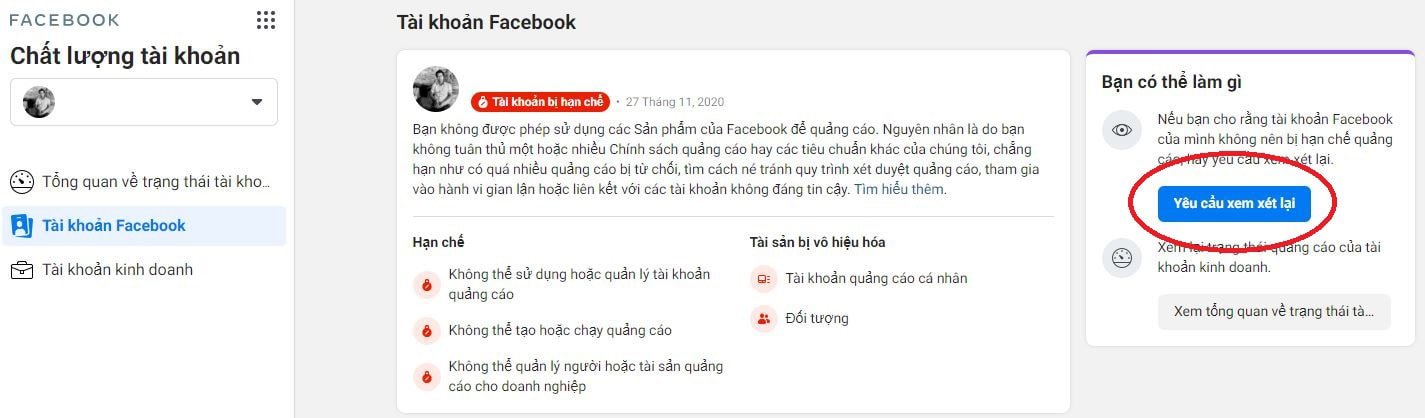 tài khoản quảng cáo bị vô hiệu hoá